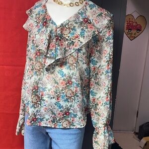 Vintage Floral Ruffle V-Neck Blouse - Cream Multi